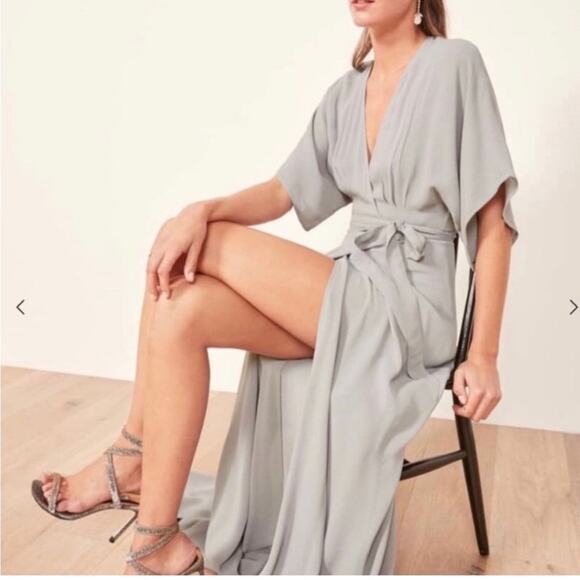 NWT Reformation Womens Small Winslow Wrap Maxi Dress Fog Belt Sleeves Wedding - Picture 1 of 11